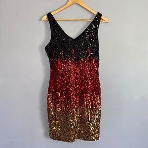 PRETTY GUIDE V-back All Over Sequins Party Dress Sleeveless Black Red Gold